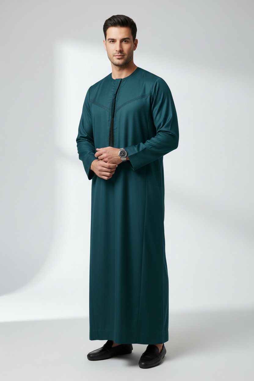 Men's Premium Quality Embroidery Emirati/Omani Thobe Jubba - Teal