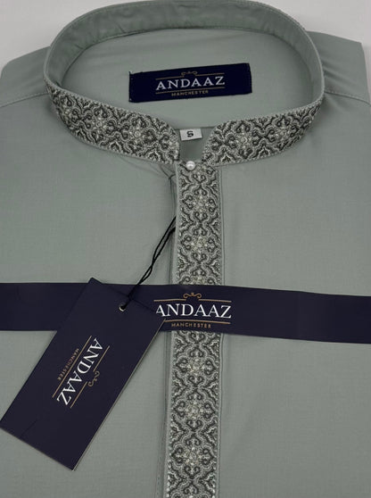 Men's Shalwar Kameez Light Green Placket Embroidery