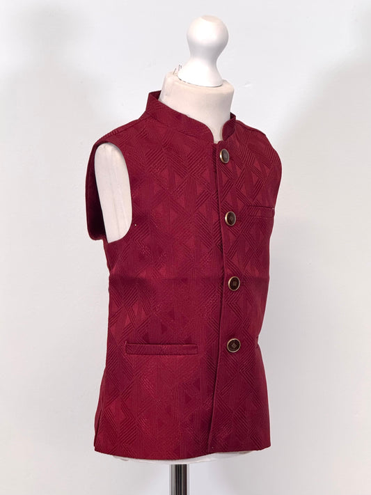 Boys Maroon Aztec Jamawar Waistcoat