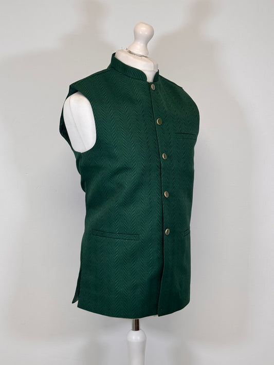 Men's Green Chevron Design Jamawar Waistcoat