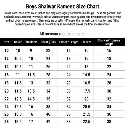 Andaaz Boys Shalwar Trouser Kameez Size Chart