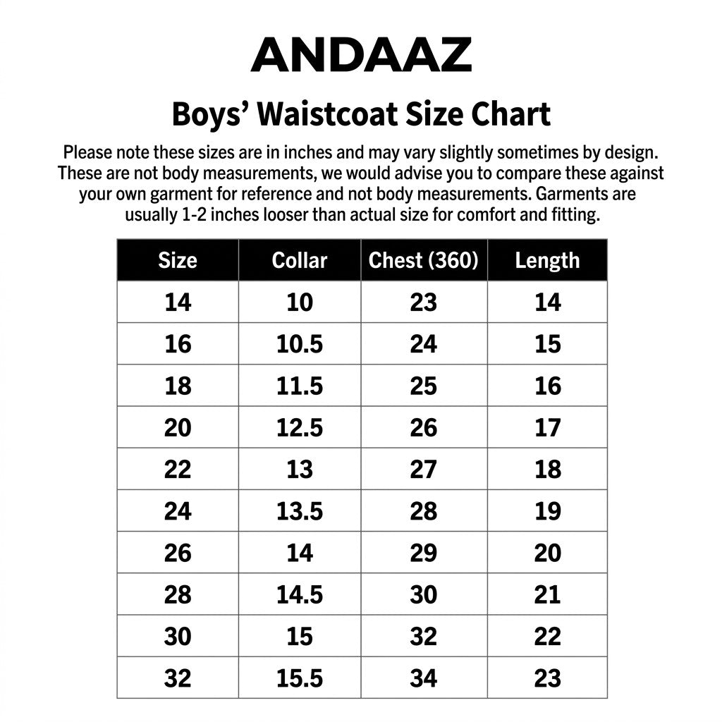 Andaaz Boys Waistcoats Size Chart