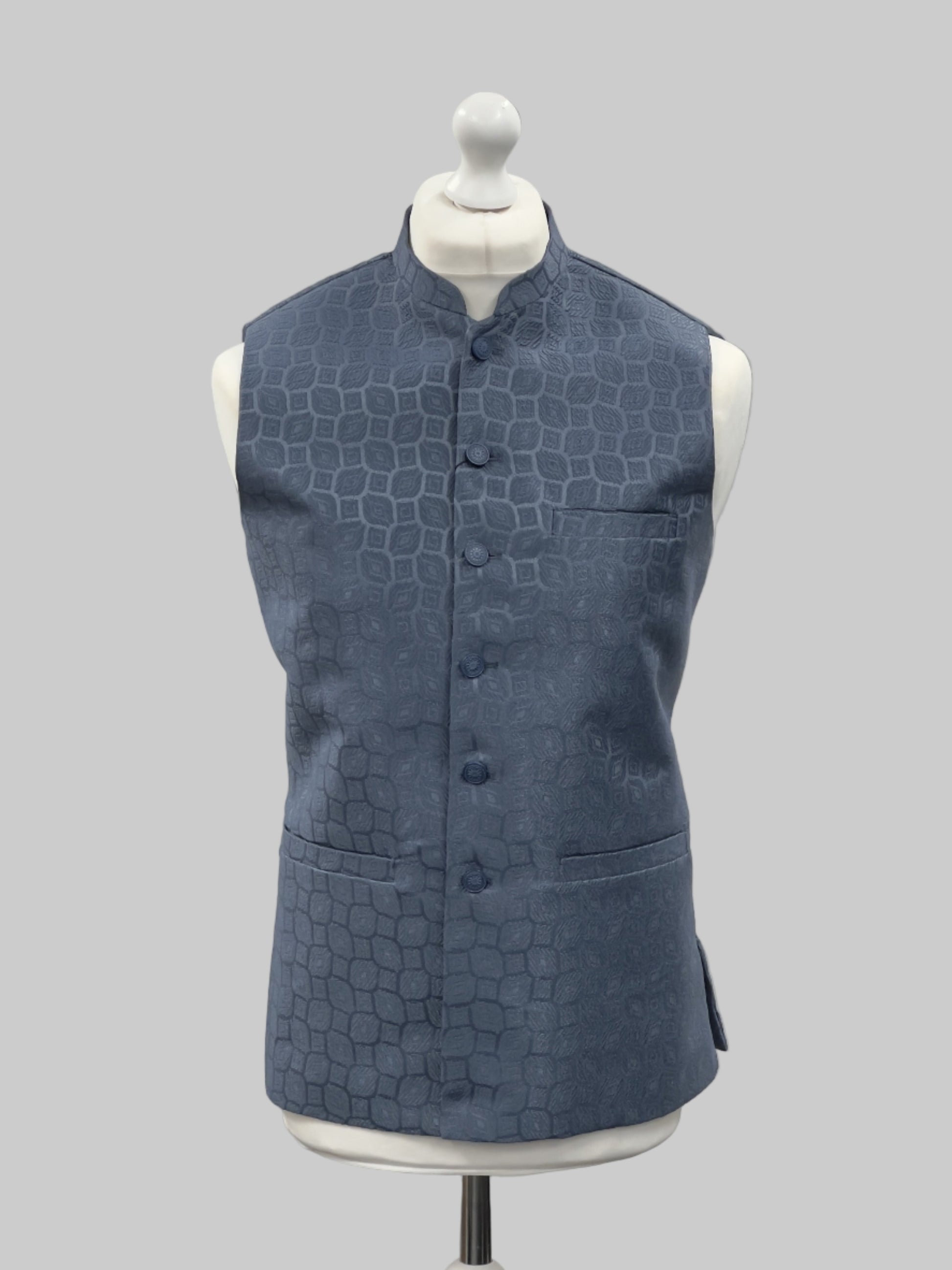 Antique Blue Patch Design Jamawar Waistcoat