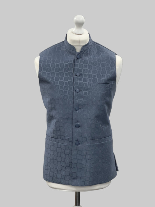 Antique Blue Patch Design Jamawar Waistcoat