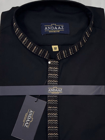 Men's Shalwar Kameez Black with Zig Zag Placket Embroidery