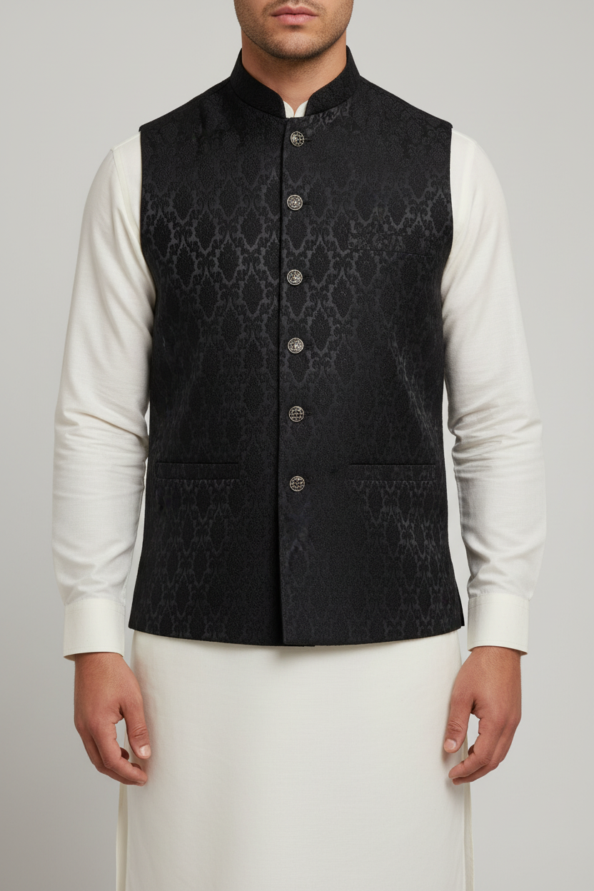 Black Diamond Design Jamawar Waistcoat Close Up