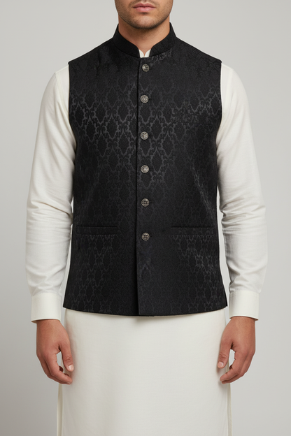 Black Diamond Design Jamawar Waistcoat Close Up
