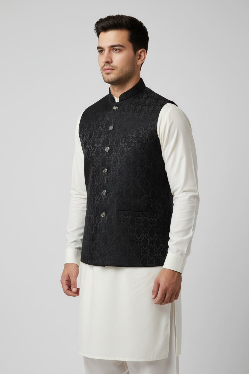 Black Diamond Design Jamawar Waistcoat Front
