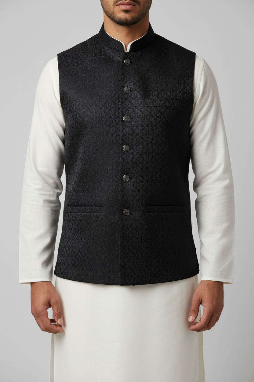 Black Geometric Design Jamawar Waistcoat Close Up