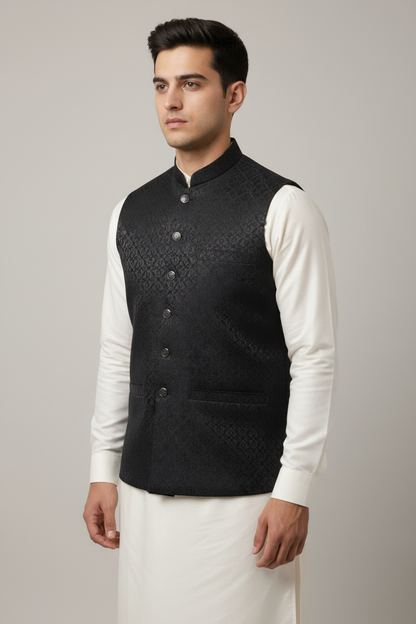 Black Geometric Design Jamawar Waistcoat Front