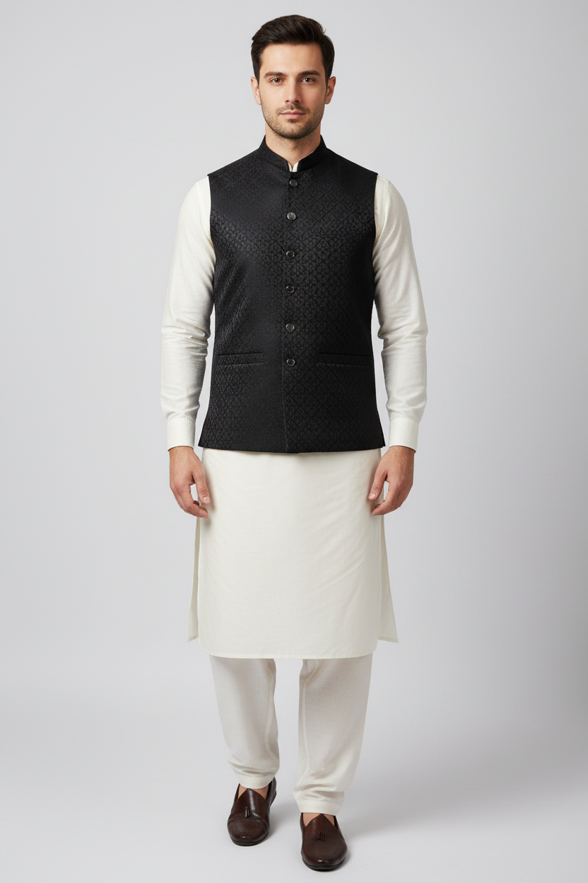 Black Geometric Design Jamawar Waistcoat Full