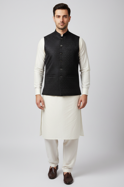 Black Geometric Design Jamawar Waistcoat Full