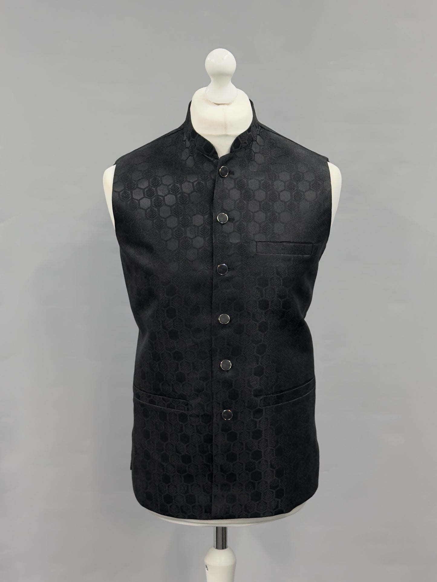 Black Hex Design Jamawar Waistcoat