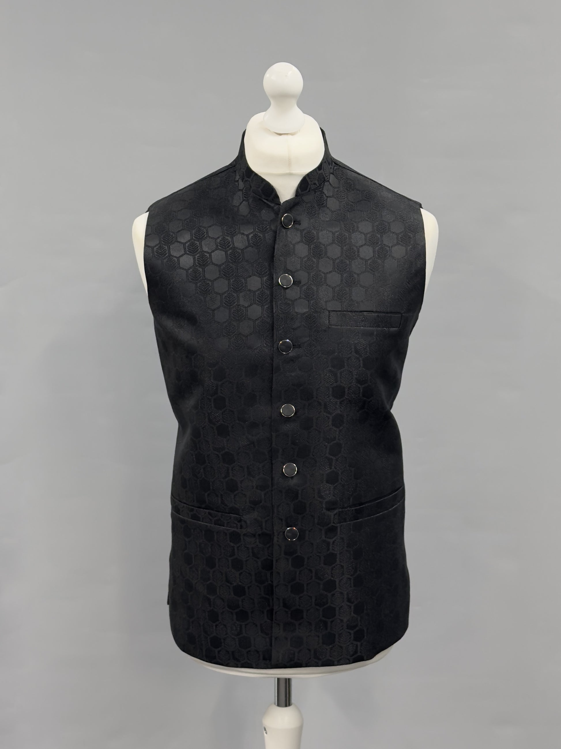 Black Hex Design Jamawar Waistcoat