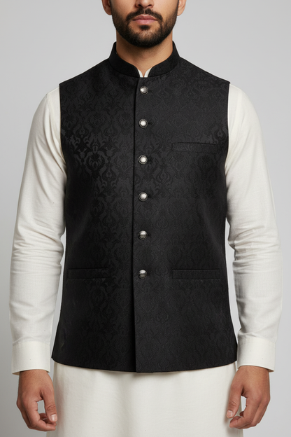 Black Royal Design Jamawar Waistcoat Close Up