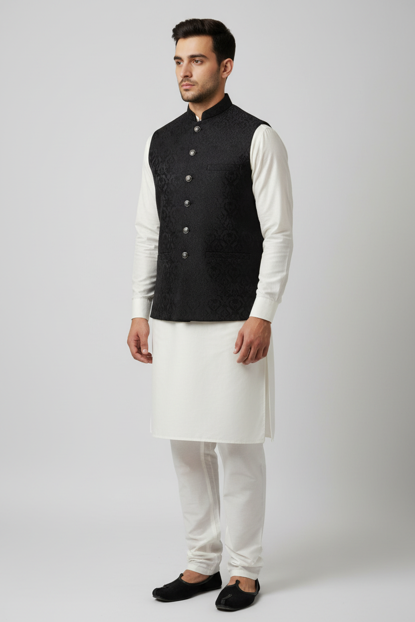 Black Royal Design Jamawar Waistcoat Front