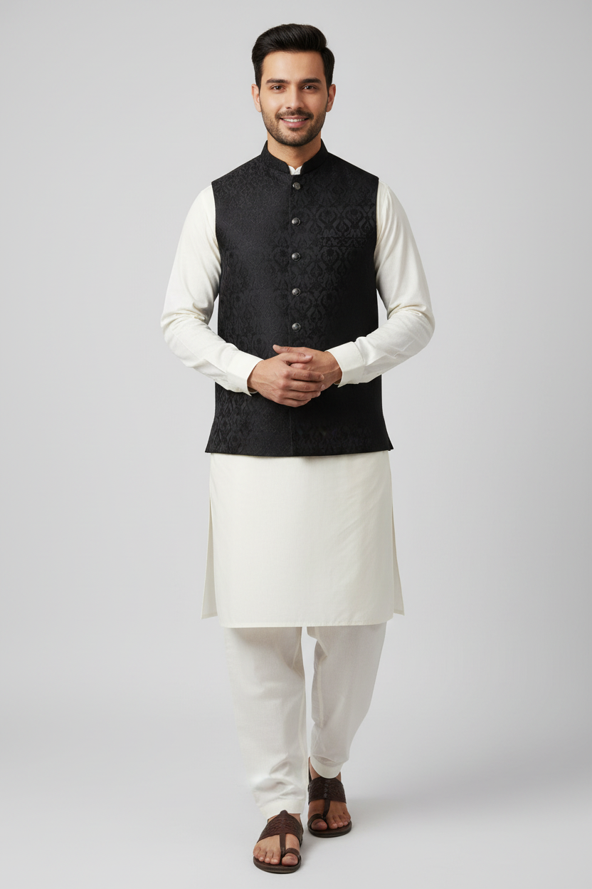 Black Royal Design Jamawar Waistcoat Full