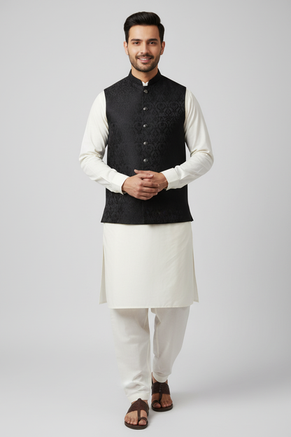 Black Royal Design Jamawar Waistcoat Full