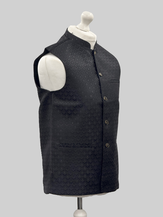 Men's Shell Design Black Jamawar Waistcoat