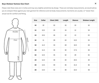 Boys AQ Shalwar Kameez Size Chart