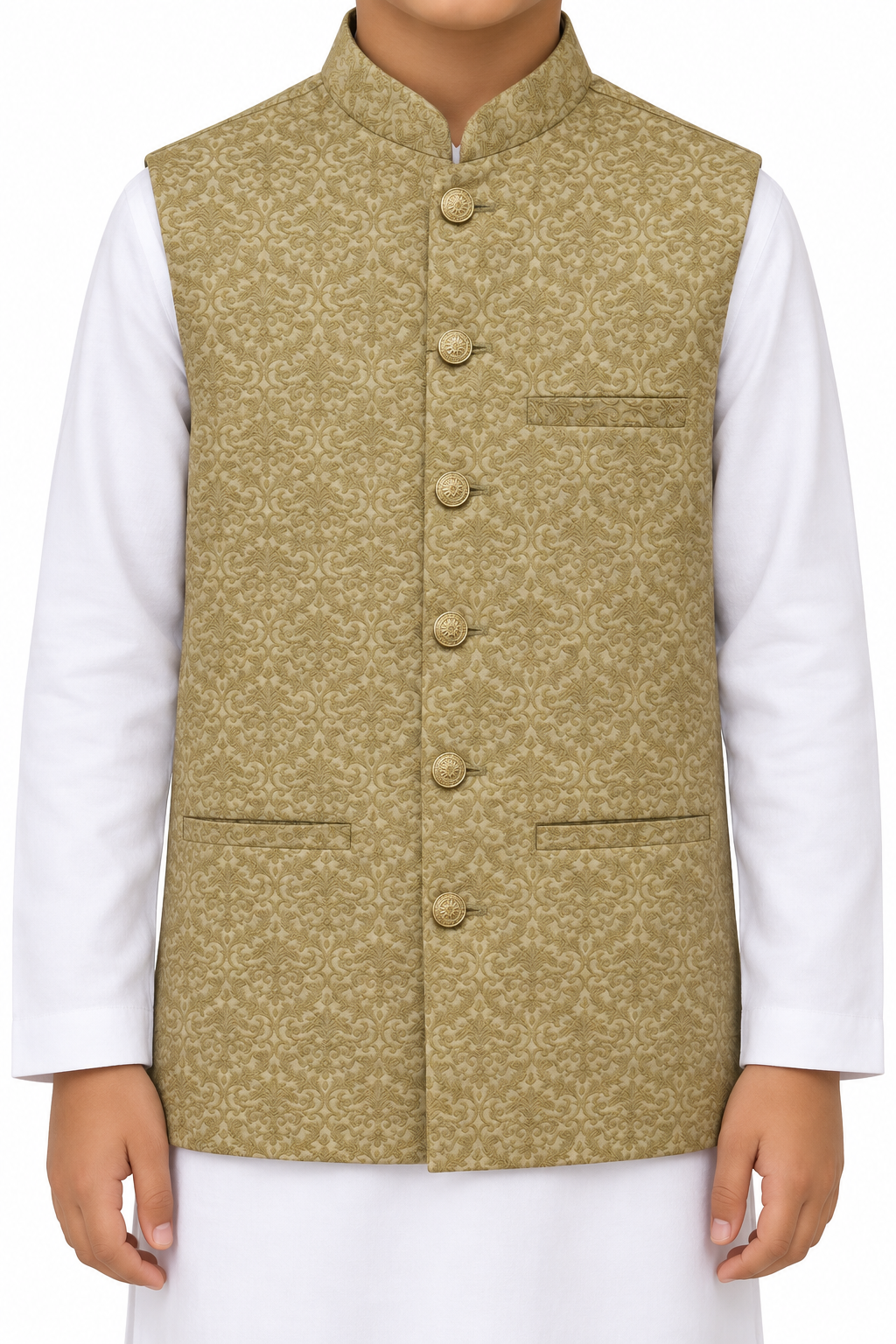 Boys Banarsi Light Golden Copper Waistcoat Close Up