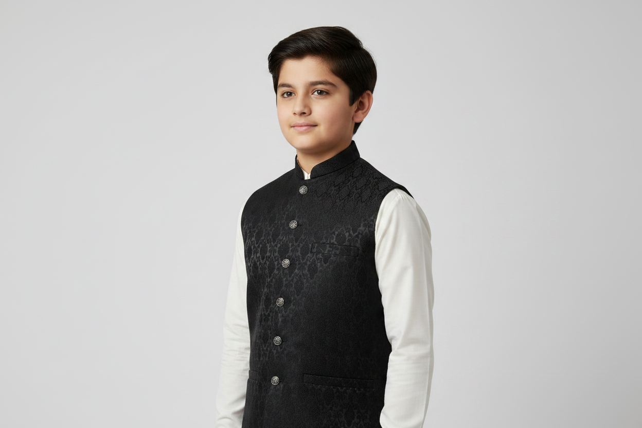 Boys Black Diamond Design Jamawar Waistcoat - Close Up