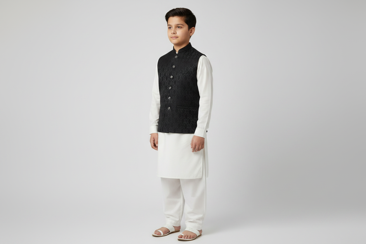 Boys Black Diamond Design Jamawar Waistcoat - Full Length