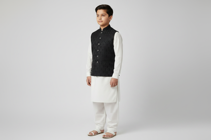 Boys Black Diamond Design Jamawar Waistcoat - Full Length