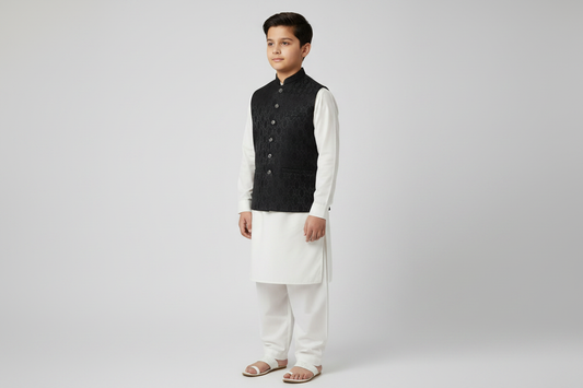 Boys Black Diamond Design Jamawar Waistcoat - Full Length