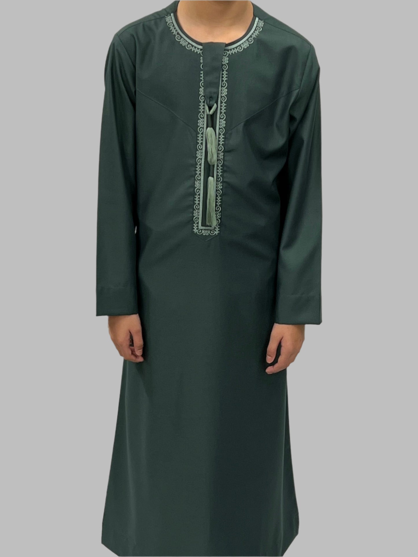 Boys Bottle Green Premium Embroidery Thobe Front View