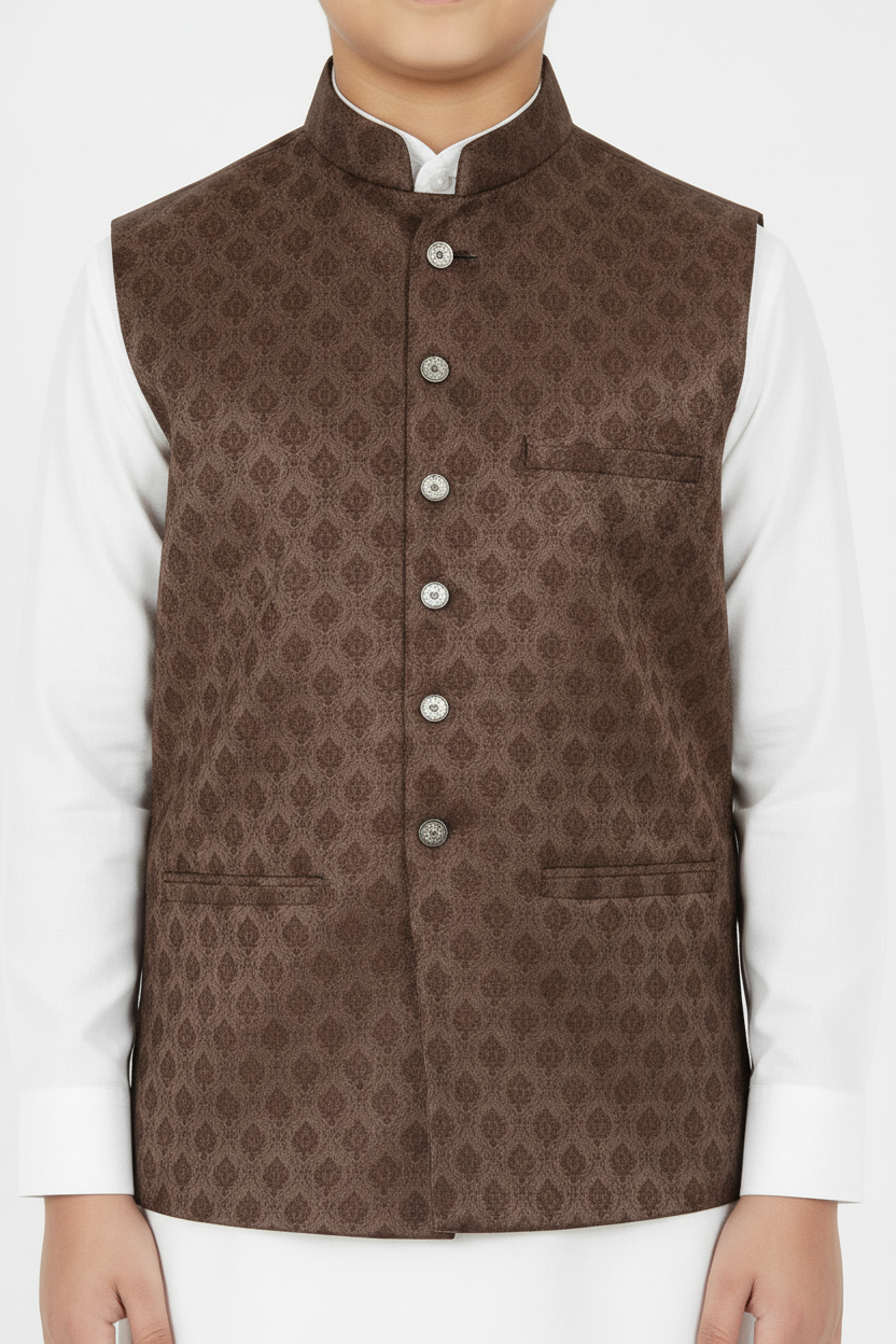 Boys Brown Diamond Design Jamawar Waistcoat Close Up