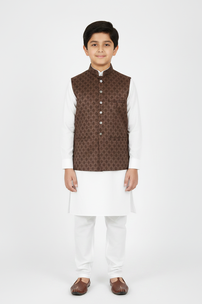 Boys Brown Diamond Design Jamawar Waistcoat Full Pose