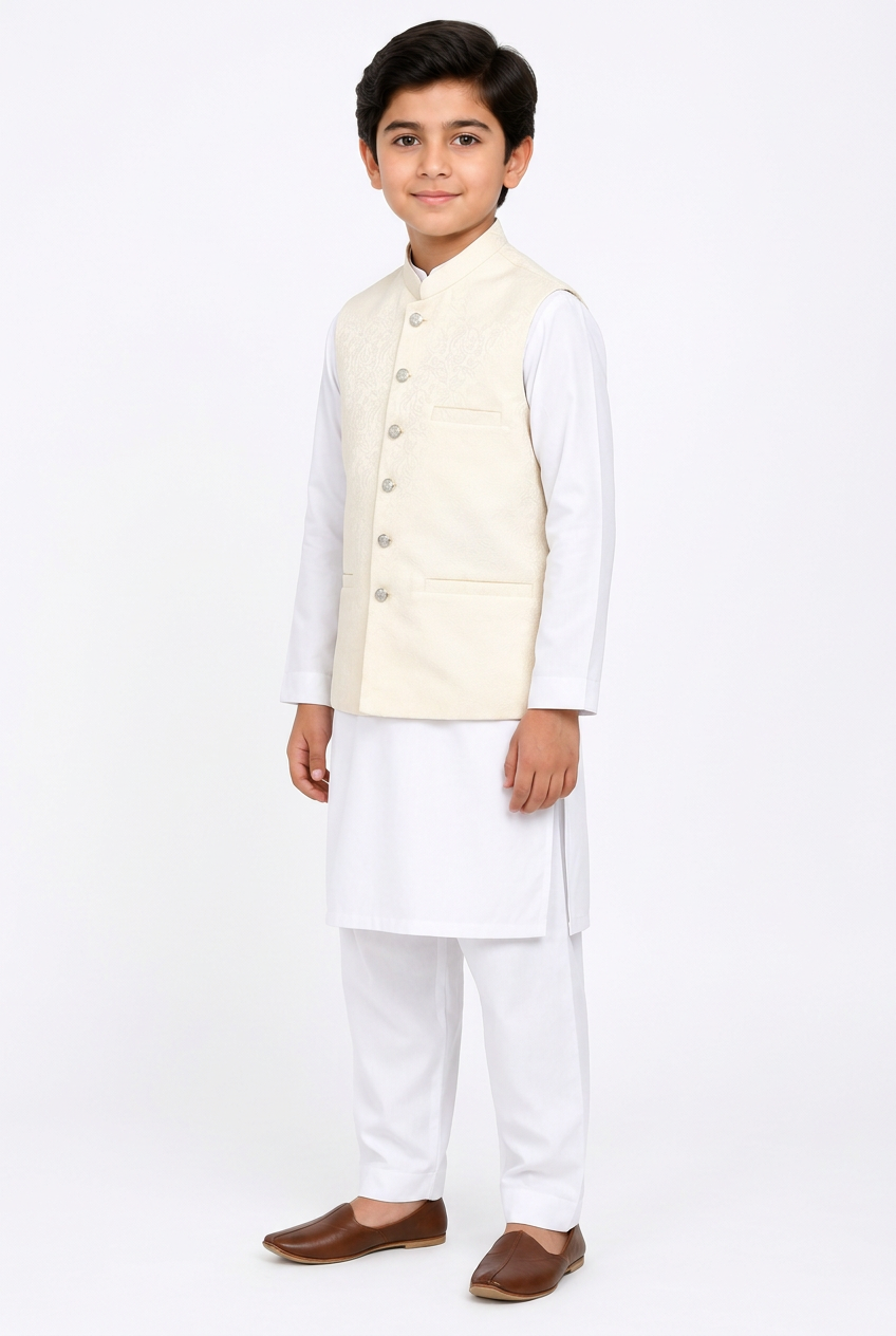 Boys Cream Flower Design Jamawar Waistcoat Angled Full