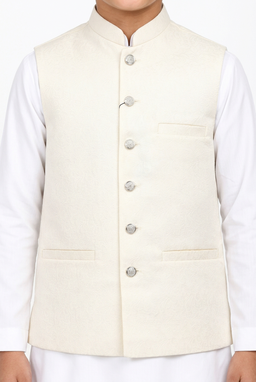 Boys Cream Flower Design Jamawar Waistcoat Close Up