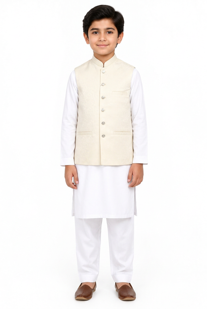 Boys Cream Flower Design Jamawar Waistcoat Full