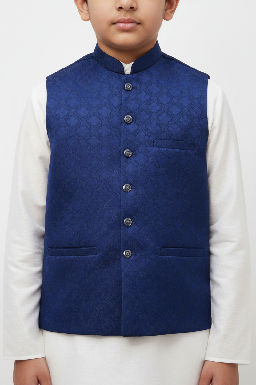 Boys Dark Blue Square Diamond Design Jamawar Waistcoat Close Up