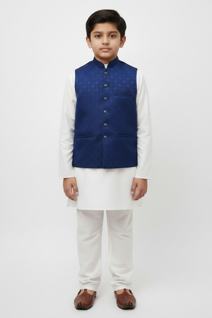 Boys Dark Blue Square Diamond Design Jamawar Waistcoat Full