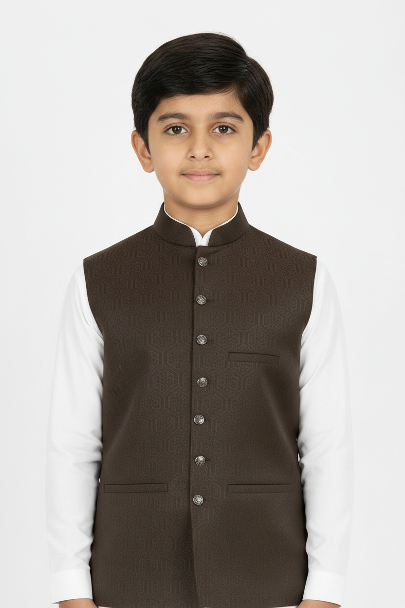 Boys Dark Brown Hex Design Jamawar Waistcoat Close up