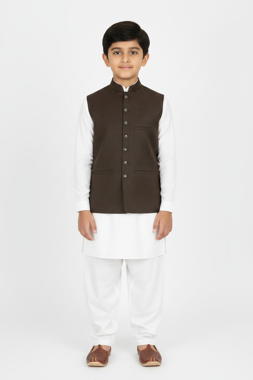 Boys Dark Brown Hex Design Jamawar Waistcoat Full Pose