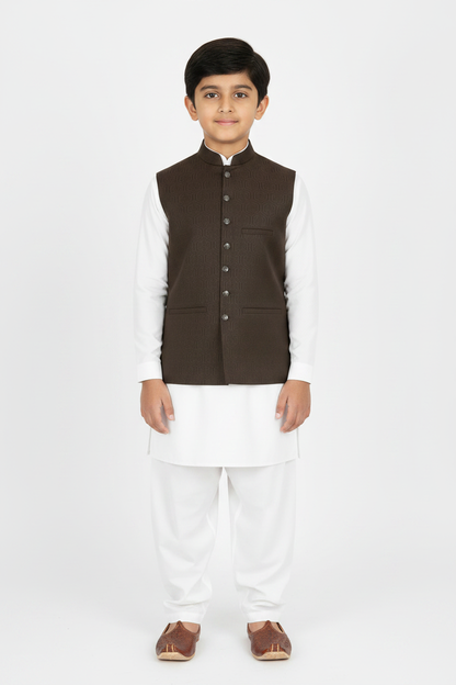 Boys Dark Brown Hex Design Jamawar Waistcoat Full Pose
