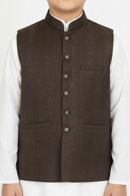 Boys Dark Brown Striped Design Jamawar Waistcoat Close Up