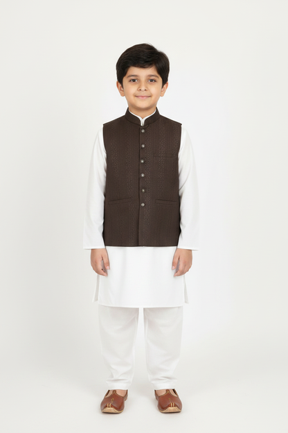 Boys Dark Brown Striped Design Jamawar Waistcoat Full Pose