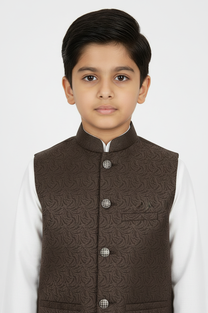 Boys Dark Brown Swirl Design Jamawar Waistcoat Close Up