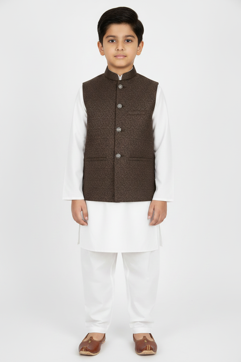 Boys Dark Brown Swirl Design Jamawar Waistcoat Full Pose