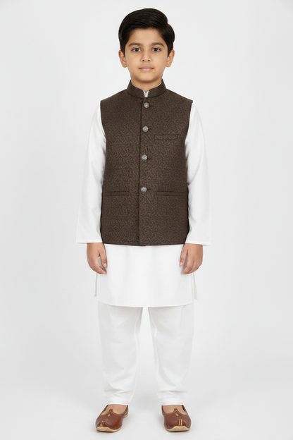 Boys Dark Brown Swirl Design Jamawar Waistcoat Full Pose