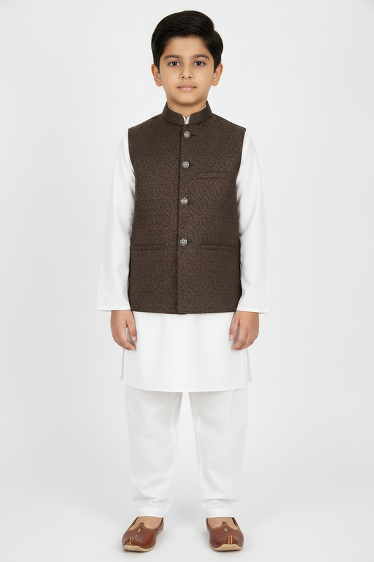 Boys Dark Brown Swirl Design Jamawar Waistcoat Full Pose