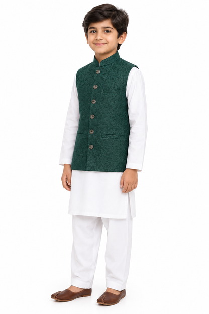 Boys Dark Green Stone Print Design Jamawar Waistcoat Full