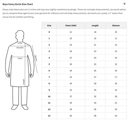 Boys Fancy Kurta Size Chart