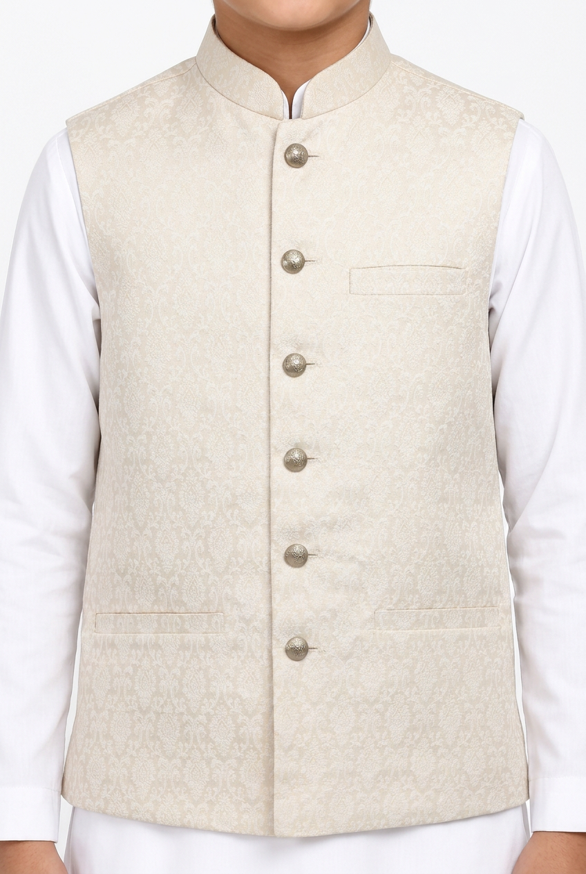 Boys Ivory on Champagne Base Diamond Design Jamawar Waistcoat Close Up