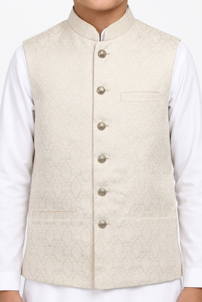 Boys Ivory on Champagne Base Diamond Design Jamawar Waistcoat Close Up
